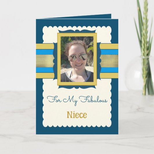 Blauw en goud voegen foto-nichtverjaardag toe kaart (Voorkant)
