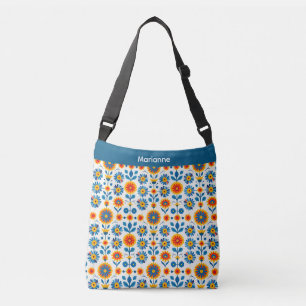 Blauw en goud volkskunst bloemen crossbody tas