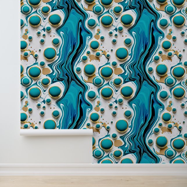 Blauw en Goud Water Cascade en Bubbels Behang (Applicatie)