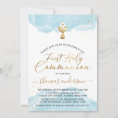 Blauw en Goud Waterverf 1e Heilige Communie Kaart (Voorkant)