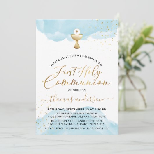 Blauw en Goud Waterverf 1e Heilige Communie Kaart (Staand voorkant)