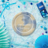 Blauw en Goud Waterverf Baby Boy Doop Papieren Bordje (Feest)