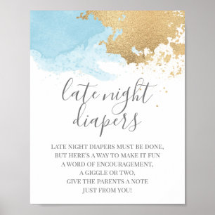 Blauw en Goud Waterverf Baby Shower Bord Poster