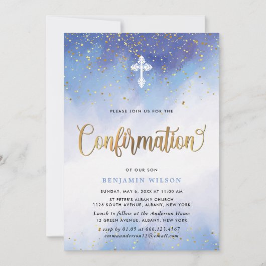 Blauw en Goud Waterverf Boy bevestiging Kaart (Voorkant)