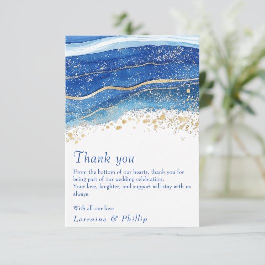 Blauw en Goud Waterverf bruiloft bedankkaart (Staand voorkant)