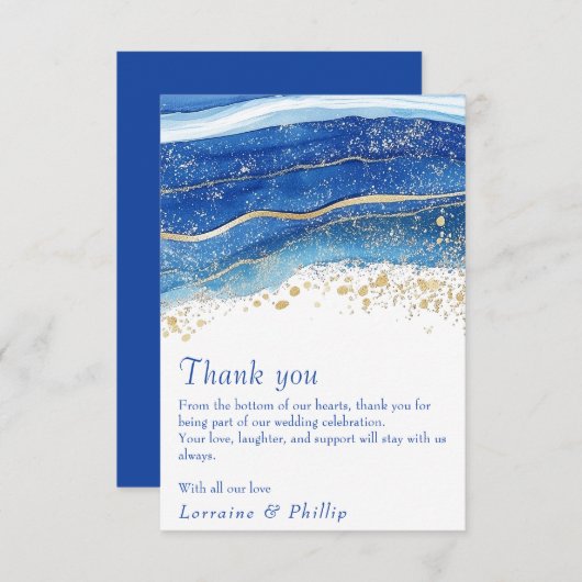 Blauw en Goud Waterverf bruiloft bedankkaart (Voorkant / Achterkant)