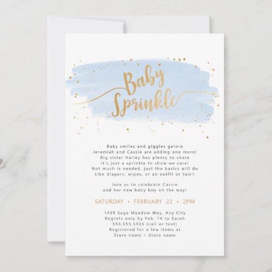 Blauw en Goud Waterverf Jongen Baby Sprinkle Kaart (Voorkant)