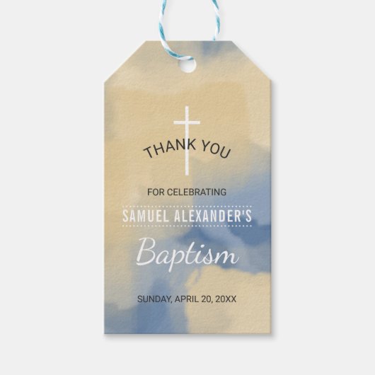 Blauw en Goud Waterverf Jongen Doop Dank U Cadeaulabel (Voorkant)