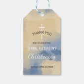 Blauw en Goud Waterverf Jongen Doopsel Dank U Cadeaulabel (Voorkant)