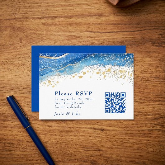 Blauw en Goud Waterverf QR code Enclosure Kaart