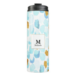 Blauw en Goud Waterverf Stippen Monogram Bekerglas Thermosbeker