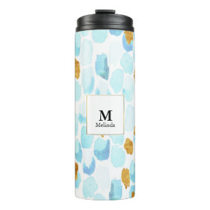 Blauw en Goud Waterverf Stippen Monogram Bekerglas Thermosbeker