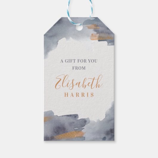 Blauw en goud waterverfzwiep cadeaulabel (Voorkant)