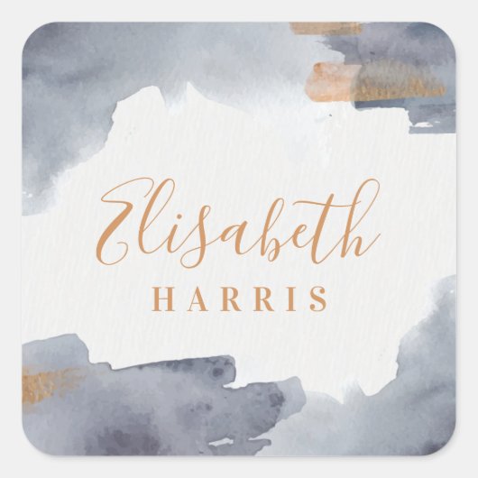 Blauw en goud waterverfzwiep vierkante sticker (Voorkant)