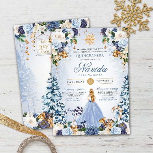 Blauw en Goud Winter Wonderland Quinceañera Kaart
