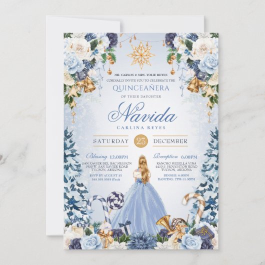 Blauw en Goud Winter Wonderland Quinceañera Kaart (Voorkant)