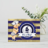 Blauw en Goud Zeeman Nautisch Baby shower Kaart (Staand voorkant)