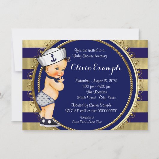 Blauw en Goud Zeeman Nautisch Baby shower Kaart (Achterkant)