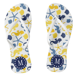 Blauw en Goud Zeepaardpatroon Monogram Teenslippers