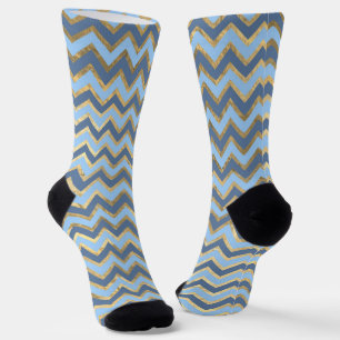 Blauw en goud zigzagpatroon duurzaam crew sok