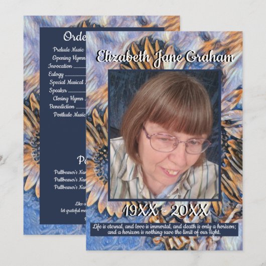 Blauw en Goud Zonnebloem Kunst | Foto | Begrafenis Programmakaart (Voorkant / Achterkant)