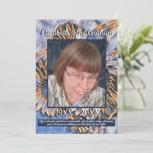 Blauw en Goud Zonnebloem Kunst | Foto | Begrafenis Programmakaart (Staand voorkant)