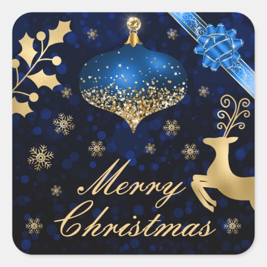 Blauw en goudblauw kerstblauw en lint vierkante sticker (Voorkant)