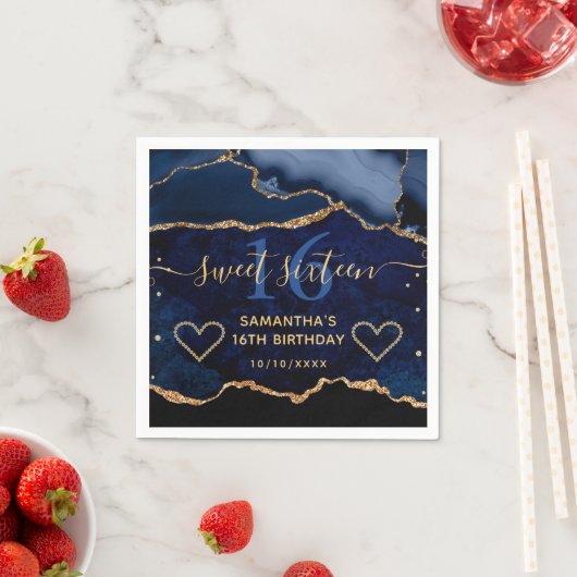 Blauw en goudbruin Glitter Agate Marble Sweet 16 Servet (Insitu)
