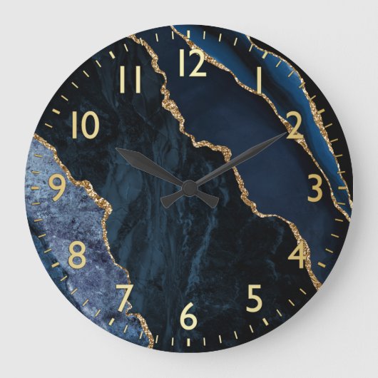 Blauw en goudbruin Glitter Marble Agate Grote Klok (Voorkant)