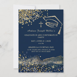 Blauw en Gouden Afstudeer- en Confirmatiesjabloon Kaart