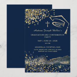 Blauw en Gouden Afstudeer- en Confirmatiesjabloon Kaart