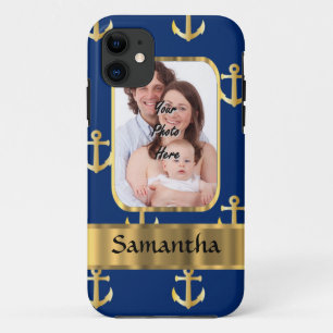 Blauw en gouden anker patroon foto sjabloon Case-Mate iPhone case