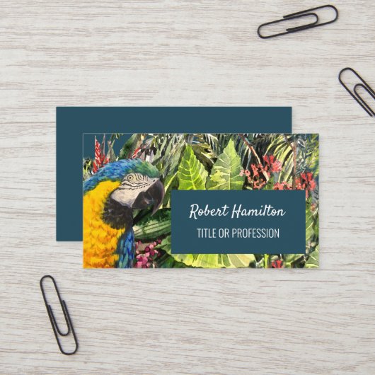 Blauw en gouden ara waterverf schilderij visitekaartje (Voorkant / Achterkant in situ)