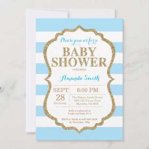 Blauw en gouden babyshower uitnodiging glitters