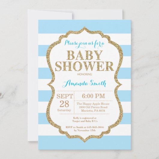 Blauw en gouden babyshower uitnodiging glitters (Voorkant)