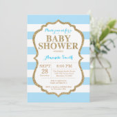 Blauw en gouden babyshower uitnodiging glitters (Staand voorkant)
