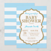 Blauw en gouden babyshower uitnodiging glitters (Voorkant / Achterkant)