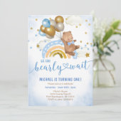 Blauw en gouden ballon Teddybeer verjaardagsfeestj Kaart (Staand voorkant)