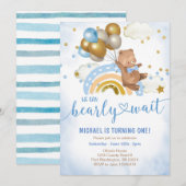 Blauw en gouden ballon Teddybeer verjaardagsfeestj Kaart (Voorkant / Achterkant)