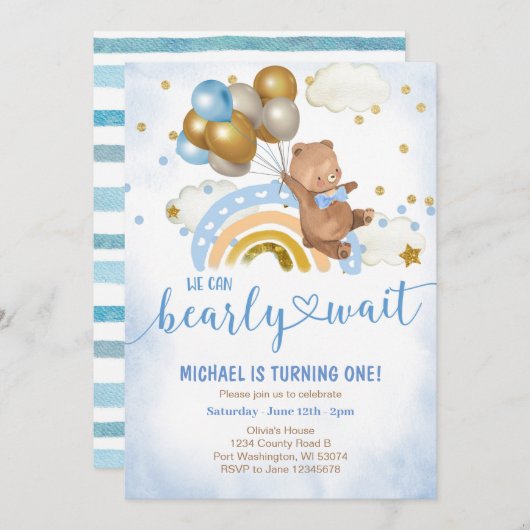 Blauw en gouden ballon Teddybeer verjaardagsfeestj Kaart (Voorkant / Achterkant)