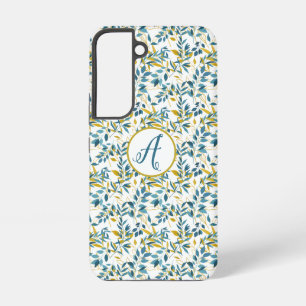 Blauw en Gouden Bladpatroon met Initialen Samsung Galaxy Hoesje