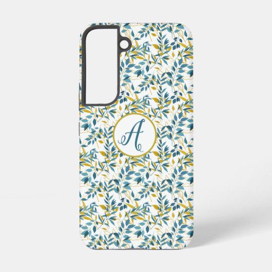 Blauw en Gouden Bladpatroon met Initialen Samsung Galaxy Hoesje (Achterkant)