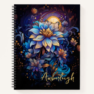 Blauw en Gouden Bloem met Naam Notitieboek