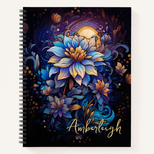 Blauw en Gouden Bloem met Naam Notitieboek (Voorkant)