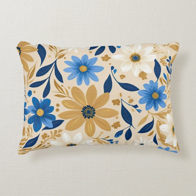 Blauw en gouden bloemen accent kussen (Voorkant)