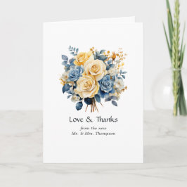 Blauw en gouden bloemen bruiloftsfoto bedankkaart
