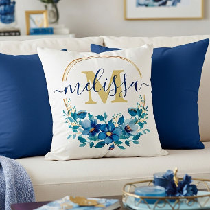 Blauw en gouden bloemenkrans gepersonaliseerd kussen