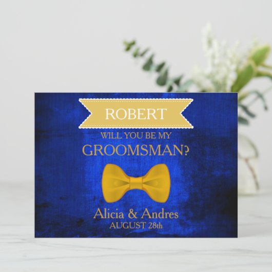 Blauw en gouden boei... word je mijn Groomsman? In Kaart (Staand voorkant)