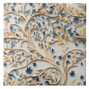 Blauw en gouden boom, houtsnijstijl tegeltje