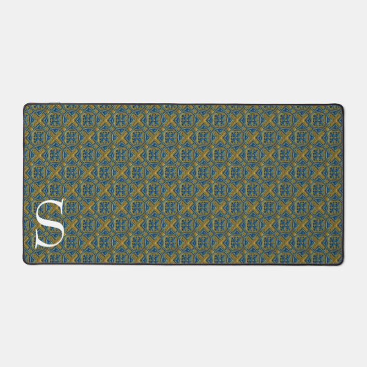 Blauw en gouden Brocade Monogrammed Bureaumat (Voorkant)
